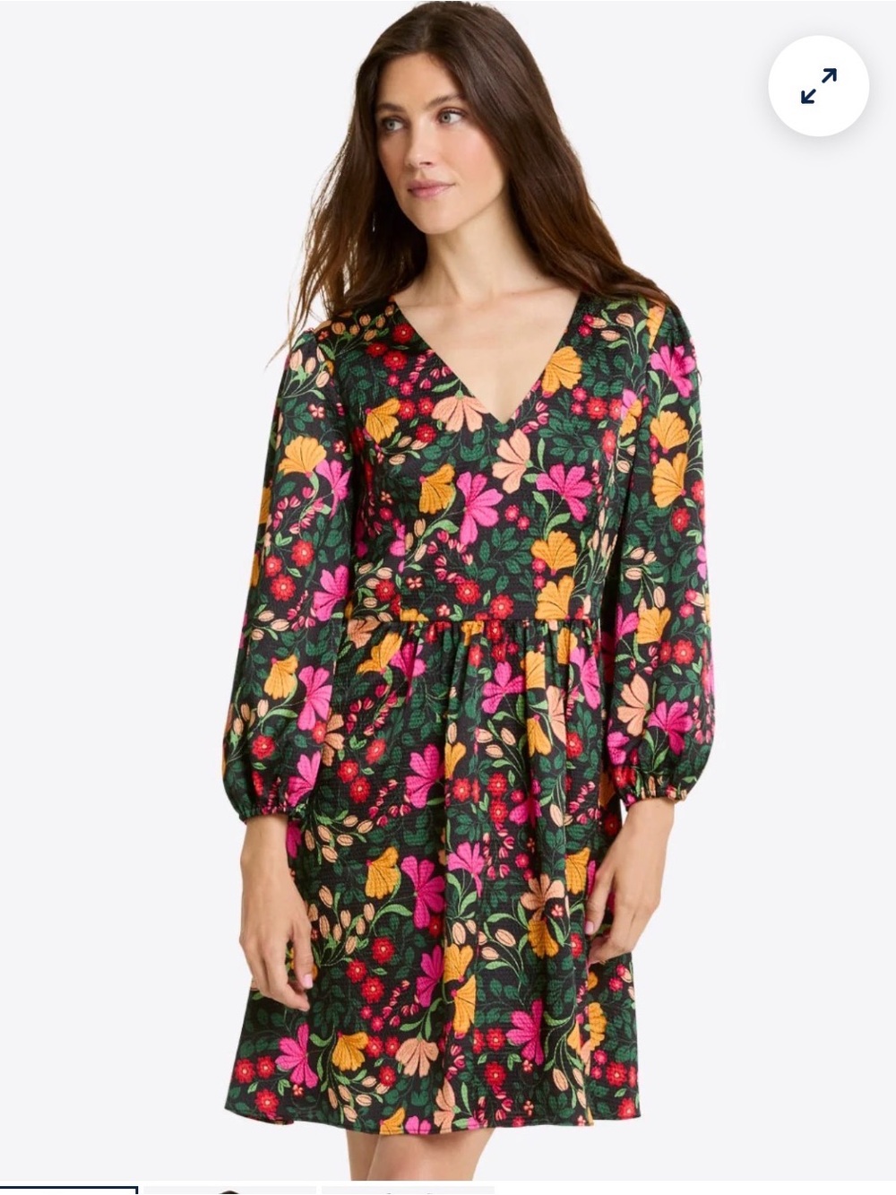 Draper James Floral V-Neck Long Sleeve Dress in Black with Pink & Yellow Flowers